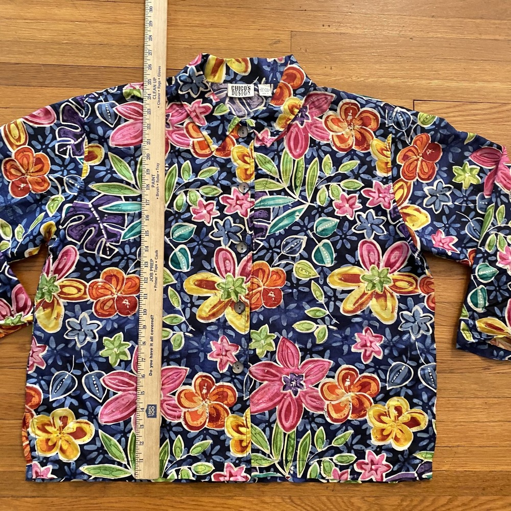 Vintage Chico's Design Jacket Womens 2 Blue Silk‎ Floral Art Print Button Up 90s - Picture 3 of 8
